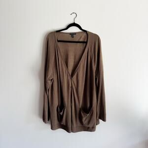 Eileen Fisher Brown Organic Linen + Cotton V Neck Pocket Front Cardigan - 3X